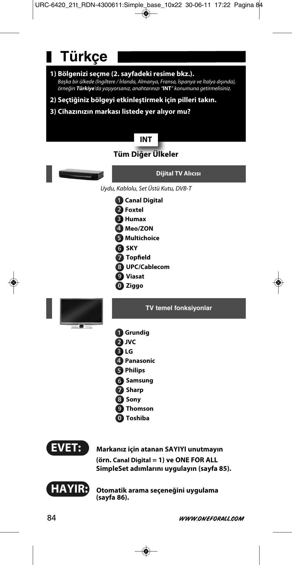 Türkçe, Evet, Hayir | One for All URC 6420 Simple 2 User Manual | Page 85 / 125