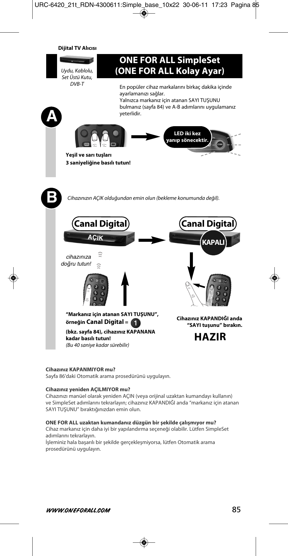 Hazir, Canal digital, One for all simpleset (one for all kolay ayar) | Kapali | One for All URC 6420 Simple 2 User Manual | Page 86 / 125