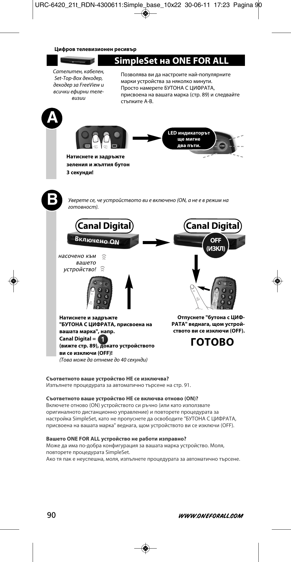 Готово, Canal digital, Simpleset на one for all | One for All URC 6420 Simple 2 User Manual | Page 91 / 125