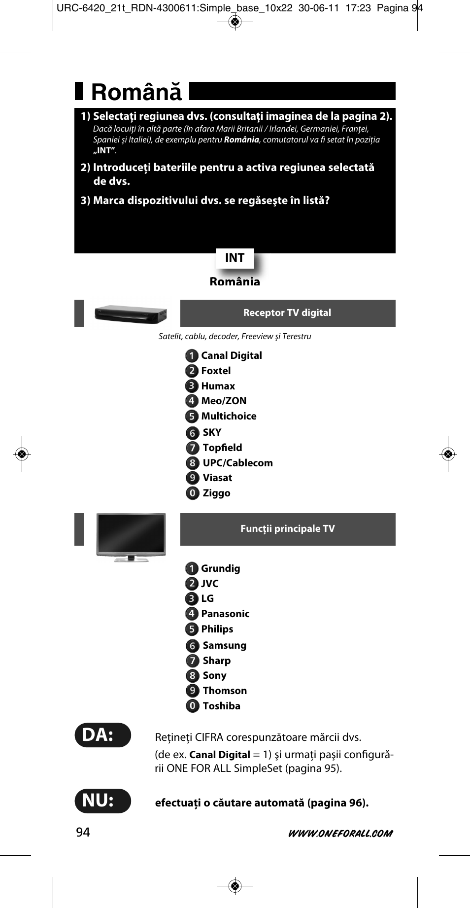 Român ă | One for All URC 6420 Simple 2 User Manual | Page 95 / 125