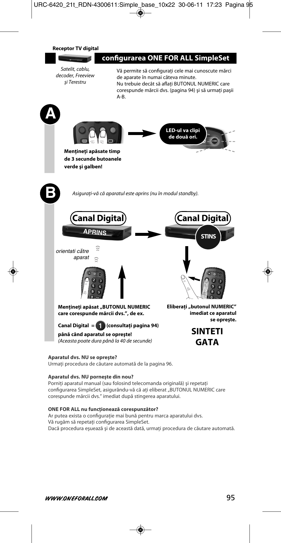 Canal digital, Sinteti gata, 95 conﬁgurarea one for all simpleset | One for All URC 6420 Simple 2 User Manual | Page 96 / 125