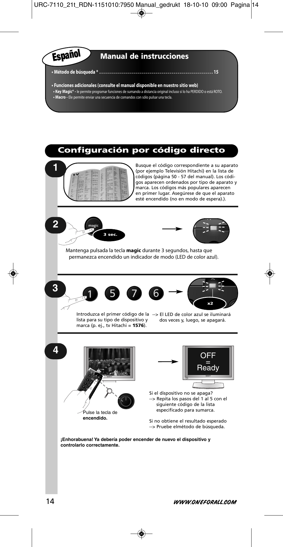 Español | One for All URC 7110 Essence TV User Manual | Page 15 / 146