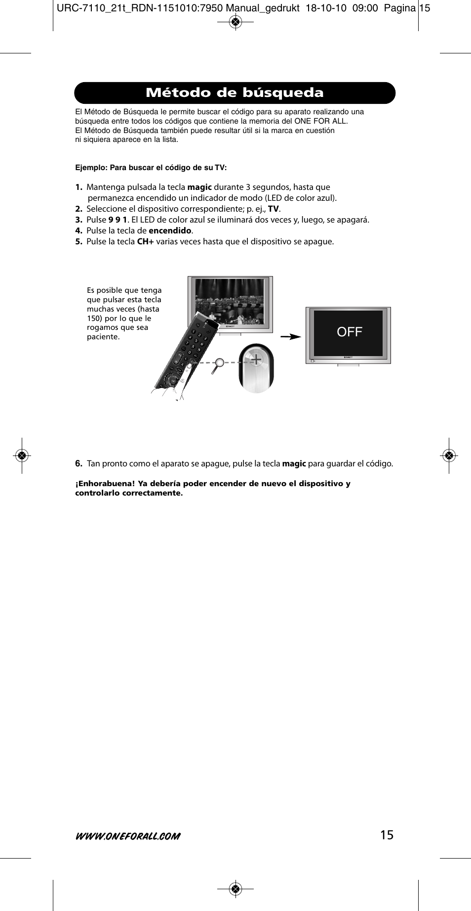 Off método de búsqueda | One for All URC 7110 Essence TV User Manual | Page 16 / 146