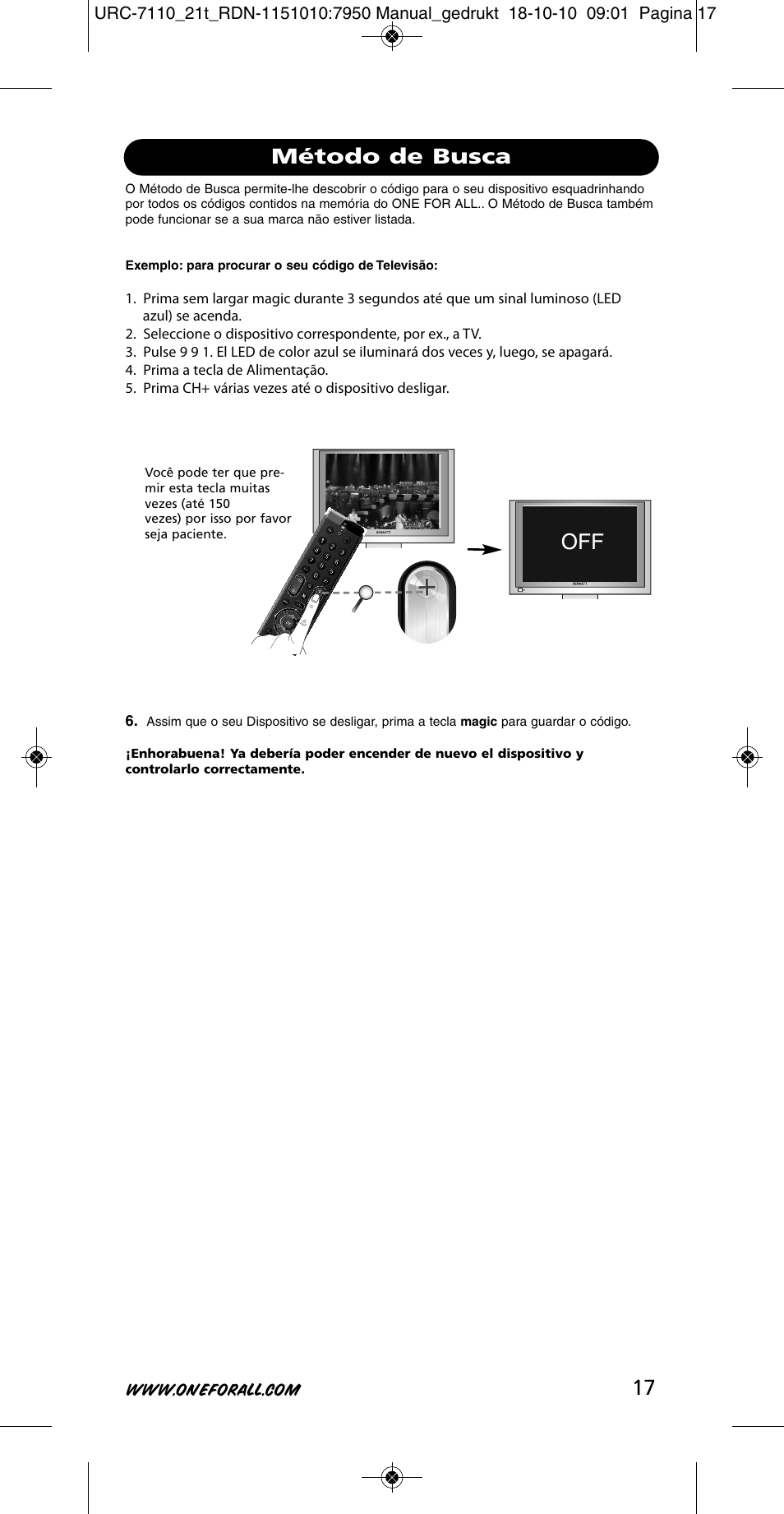 Off método de busca | One for All URC 7110 Essence TV User Manual | Page 18 / 146