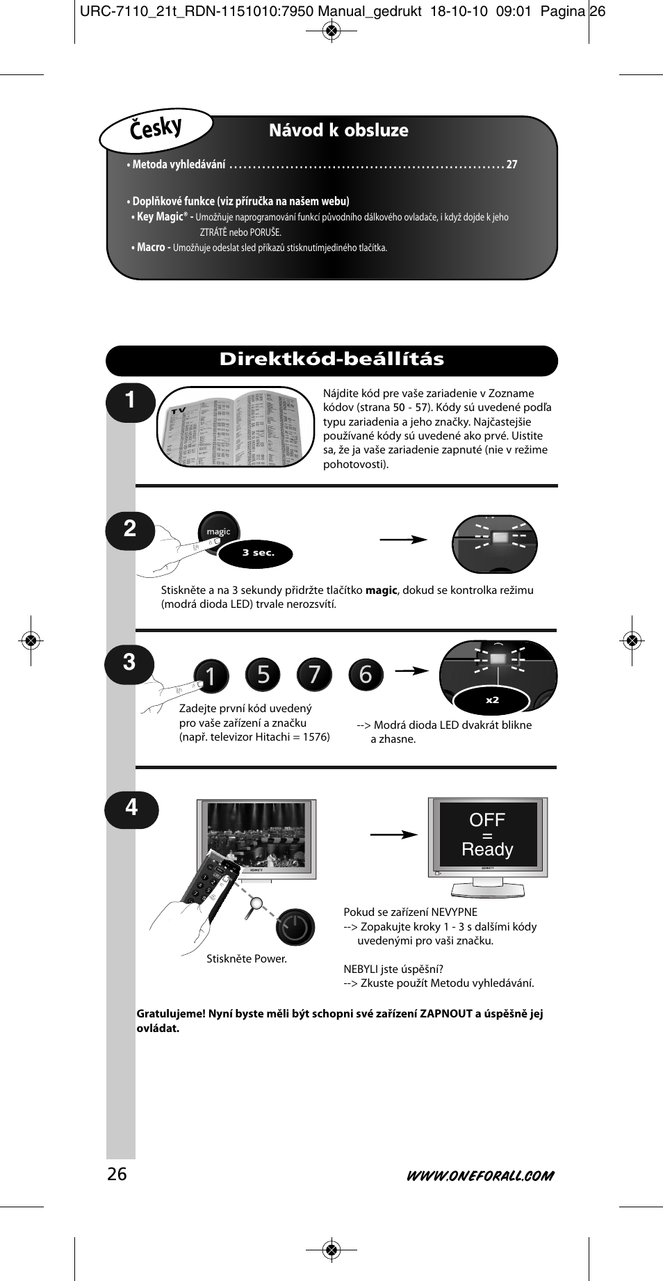 Česky, Návod k obsluze, Off = ready | Direktkód-beállítás | One for All URC 7110 Essence TV User Manual | Page 27 / 146