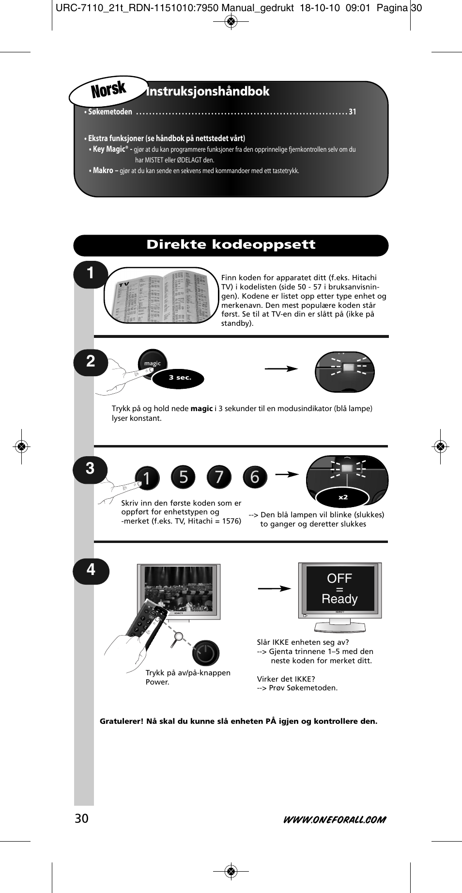 Norsk | One for All URC 7110 Essence TV User Manual | Page 31 / 146