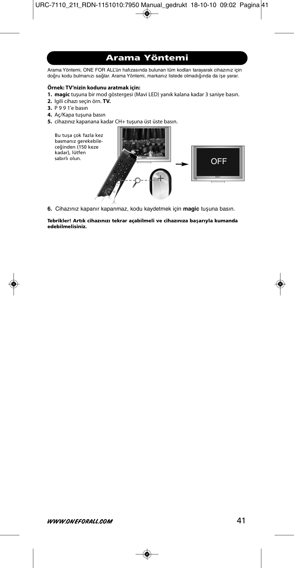 Off arama yöntemi | One for All URC 7110 Essence TV User Manual | Page 42 / 146