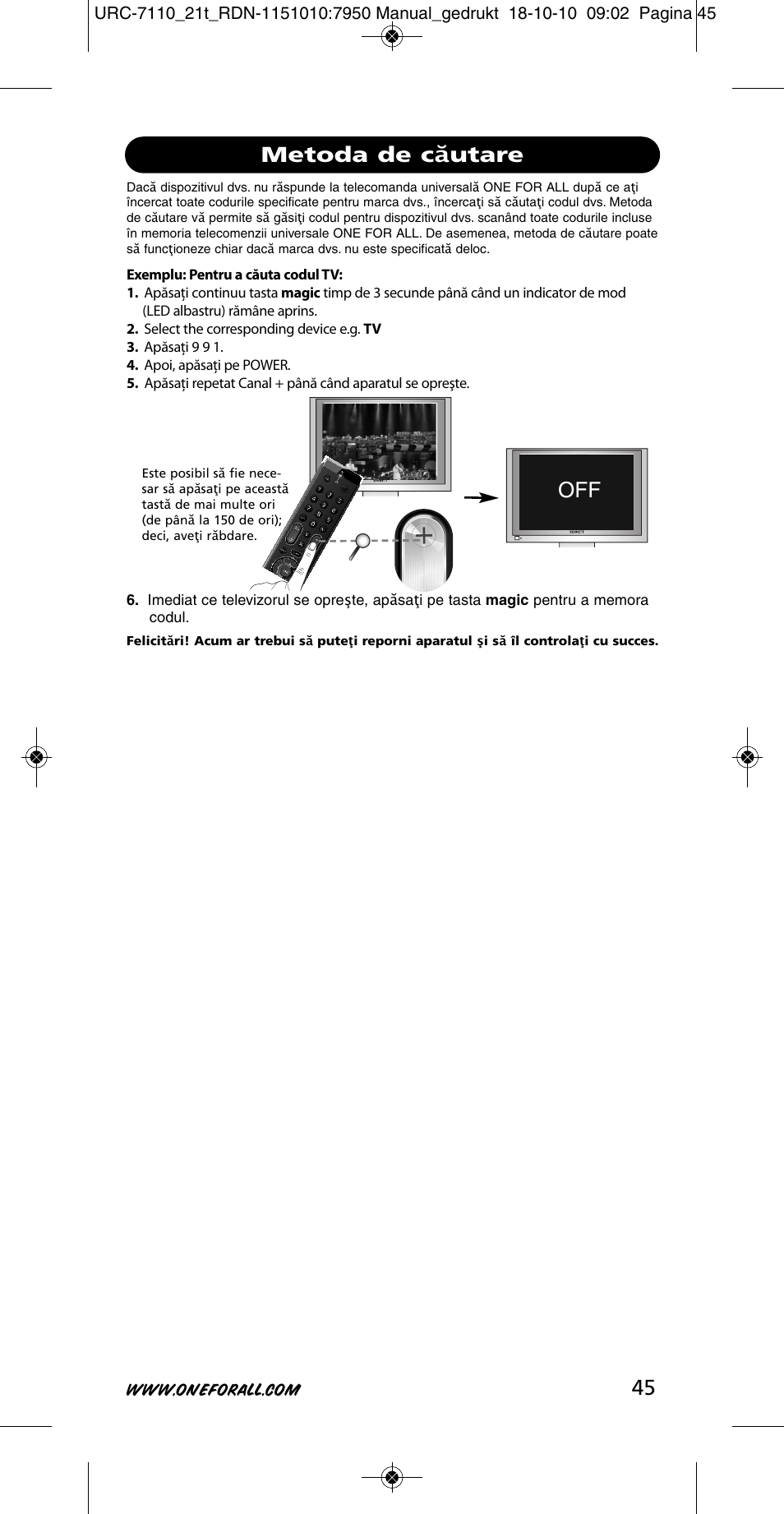 Off metoda de căutare | One for All URC 7110 Essence TV User Manual | Page 46 / 146