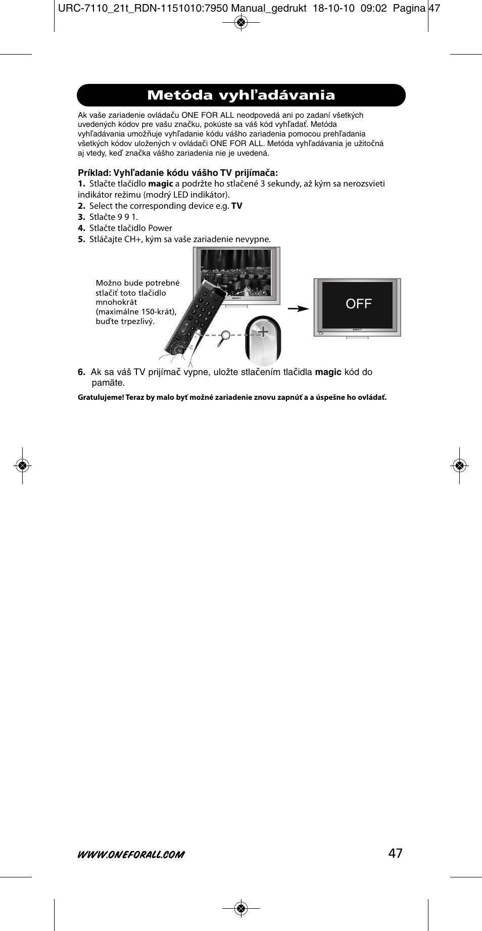 Off metóda vyhľadávania | One for All URC 7110 Essence TV User Manual | Page 48 / 146