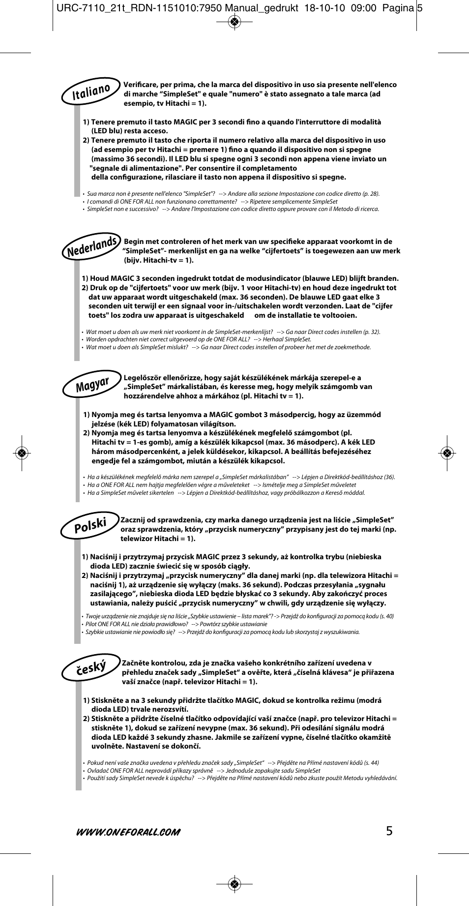 Italia no nederla nds polsk i magy ar č eský | One for All URC 7110 Essence TV User Manual | Page 6 / 146