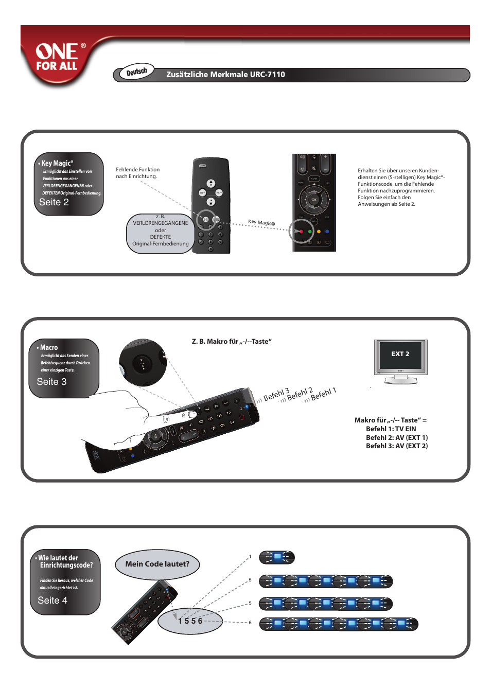 Seite 2 seite 4, Seite 3, Wie lautet der einrichtungscode | Mein code lautet? 1 5 5 6, Zusätzliche merkmale urc-7110, Befe hl 3, Befe hl 1, Befe hl 2, Macro, Key magic | One for All URC 7110 Essence TV User Manual | Page 71 / 146