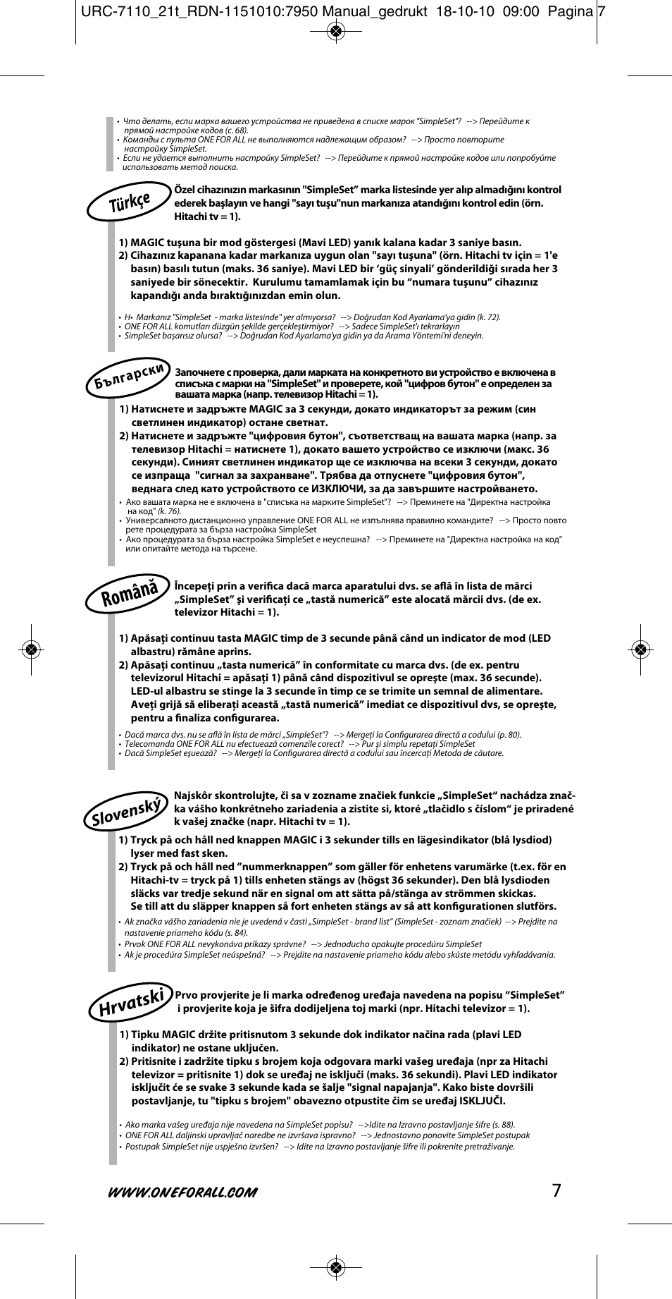 Română, Hrvatsk i, Türkç e | Slov enský | One for All URC 7110 Essence TV User Manual | Page 8 / 146