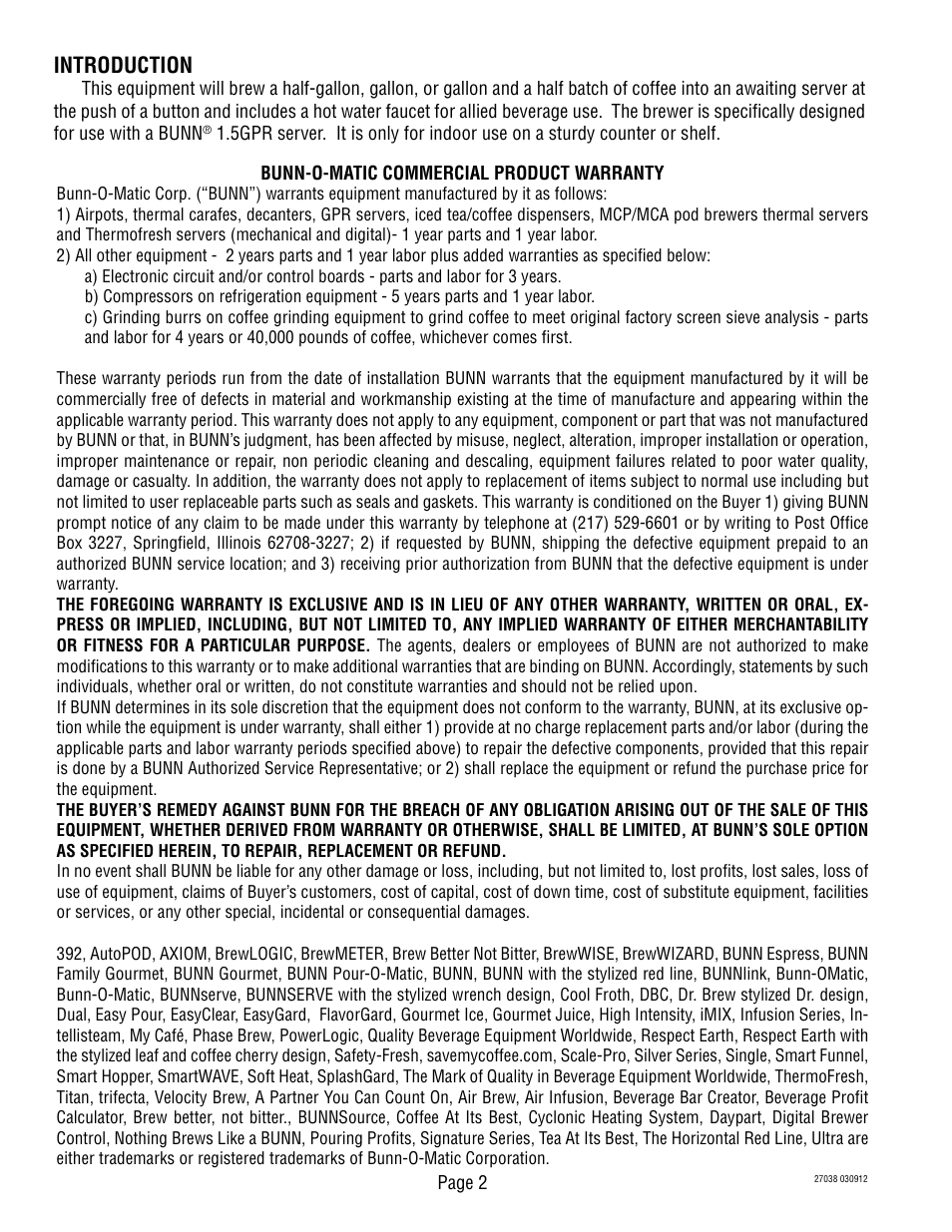 Introduction | Bunn -Omatic 270380000H User Manual | Page 2 / 7