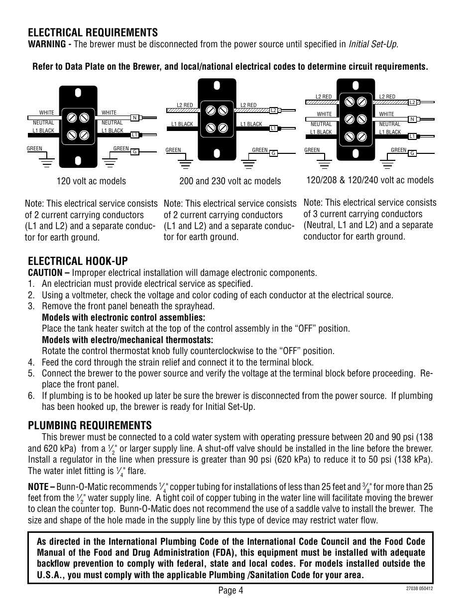Electrical hook-up, Plumbing requirements, Electrical requirements | Bunn -Omatic 270380000H User Manual | Page 4 / 7