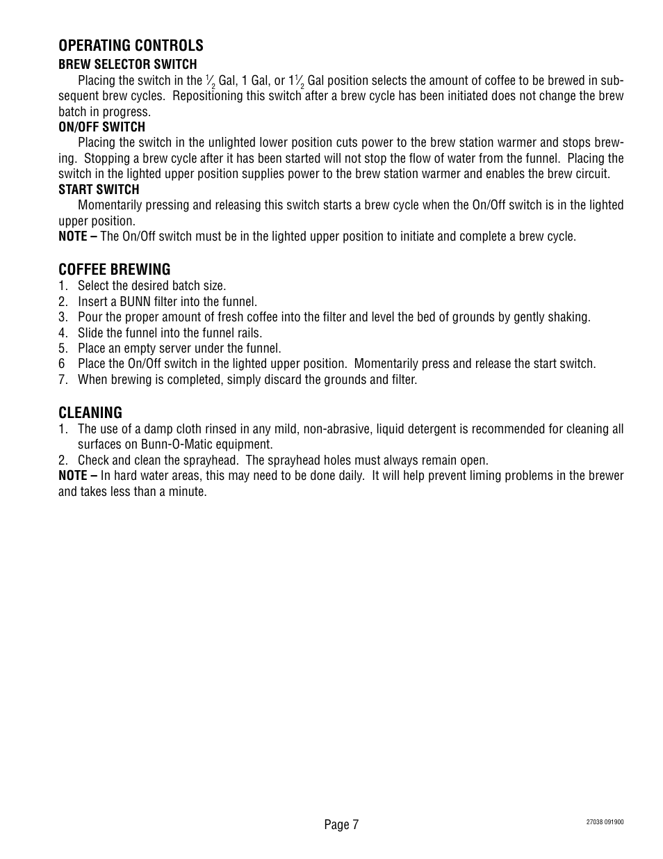 Operating controls, Coffee brewing, Cleaning | Bunn -Omatic 270380000H User Manual | Page 7 / 7
