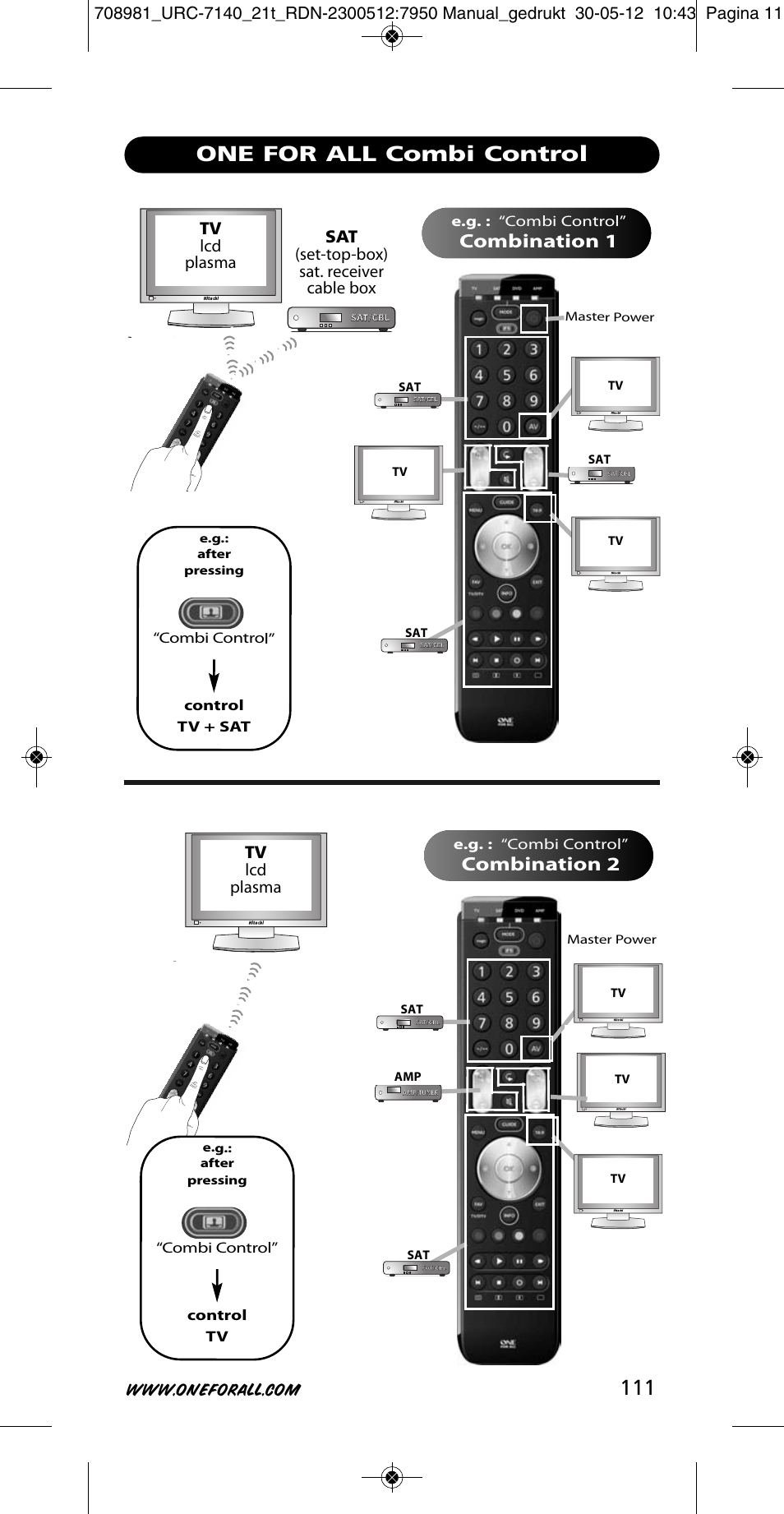 One for all combi control, Combination 1, Combination 2 | Tv lcd plasma, Sat (set-top-box) sat. receiver cable box, Combi control” control tv + sat, E.g. : “combi control, Combi control” control tv | One for All URC 7140 Essence 4 User Manual | Page 112 / 218