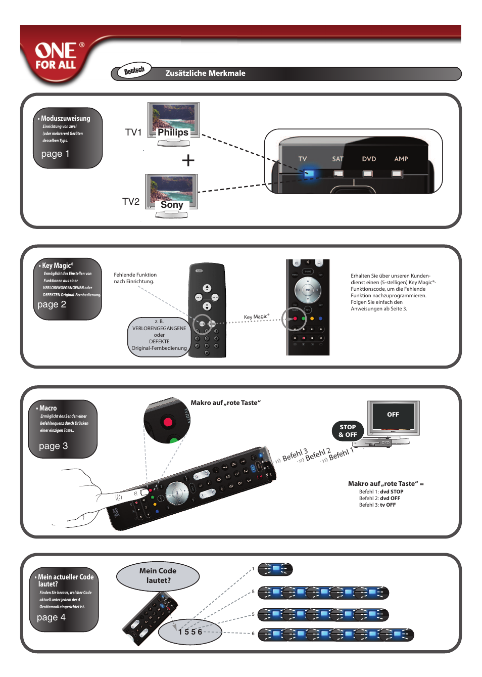 Page 1, Tv1 tv2, Page 2 page 3 page 4 | Philips sony, Zusätzliche merkmale, Key magic, Moduszuweisung, Macro, Befe hl 3, Befe hl 1 | One for All URC 7140 Essence 4 User Manual | Page 119 / 218