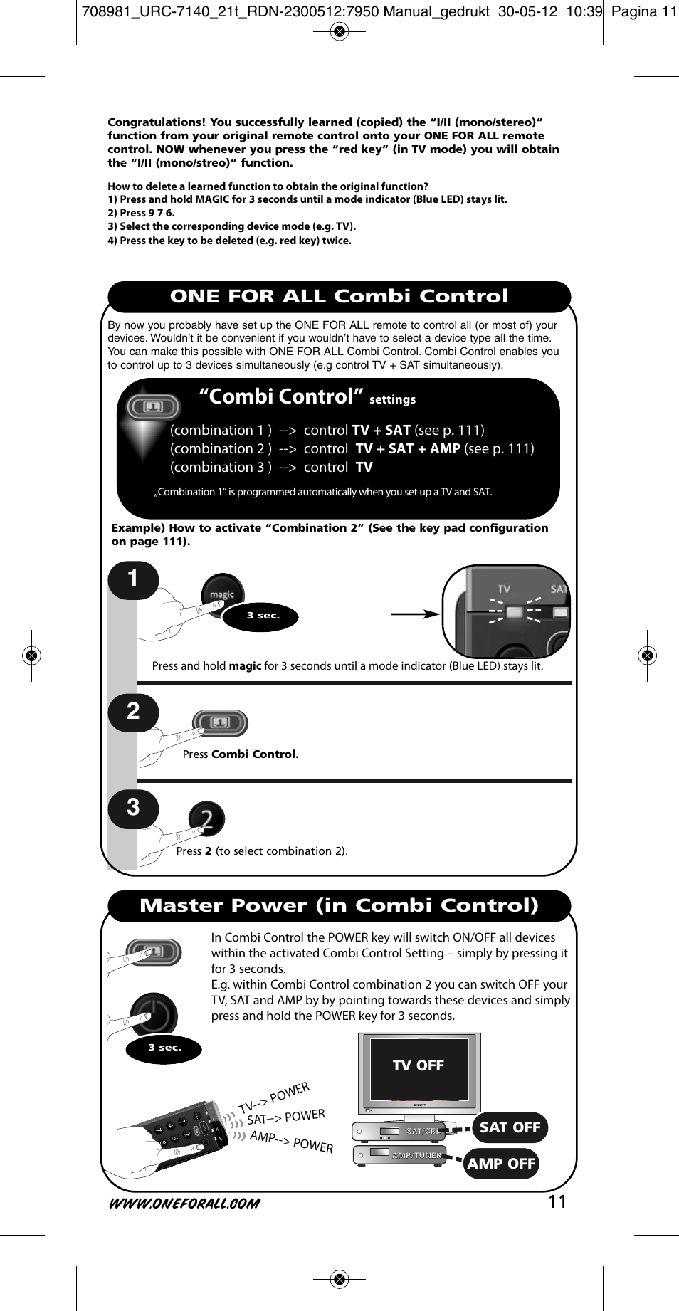 Combi control, One for all combi control, Master power (in combi control) | Tv off, Sat off, Amp off | One for All URC 7140 Essence 4 User Manual | Page 12 / 218