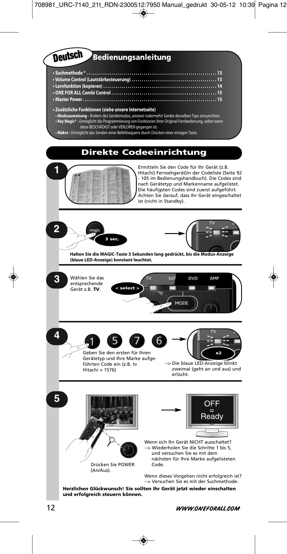 Deutsch, Bedienungsanleitung, Off = ready | Direkte codeeinrichtung | One for All URC 7140 Essence 4 User Manual | Page 13 / 218