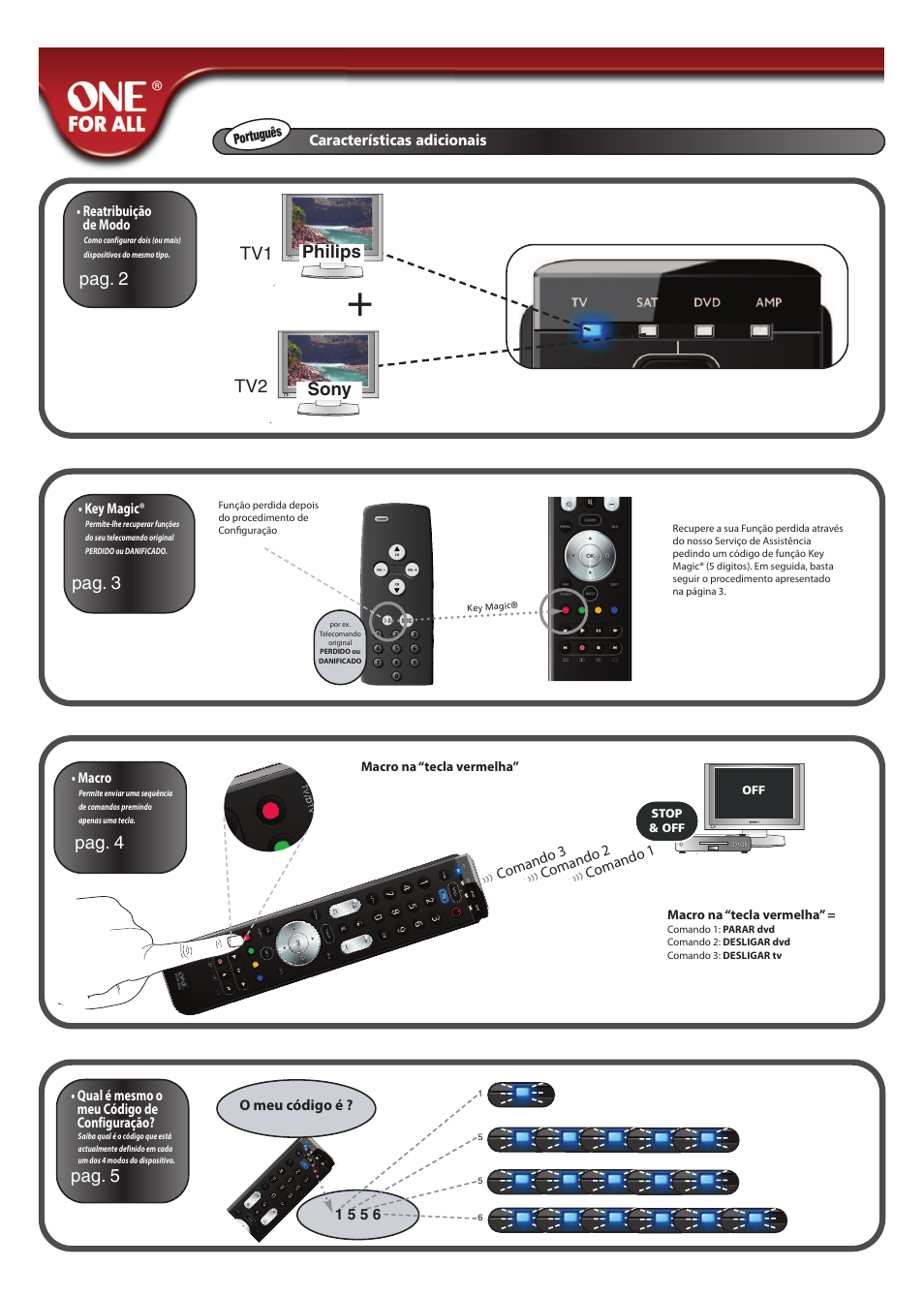 Pag. 2, Philips sony tv1 tv2, Pag. 3 pag. 4 pag. 5 | Qual é mesmo o meu código de configuração, O meu código é ? 1 5 5 6, Características adicionais, Key magic, Reatribuição de modo, Macro, Com and o 3 | One for All URC 7140 Essence 4 User Manual | Page 139 / 218