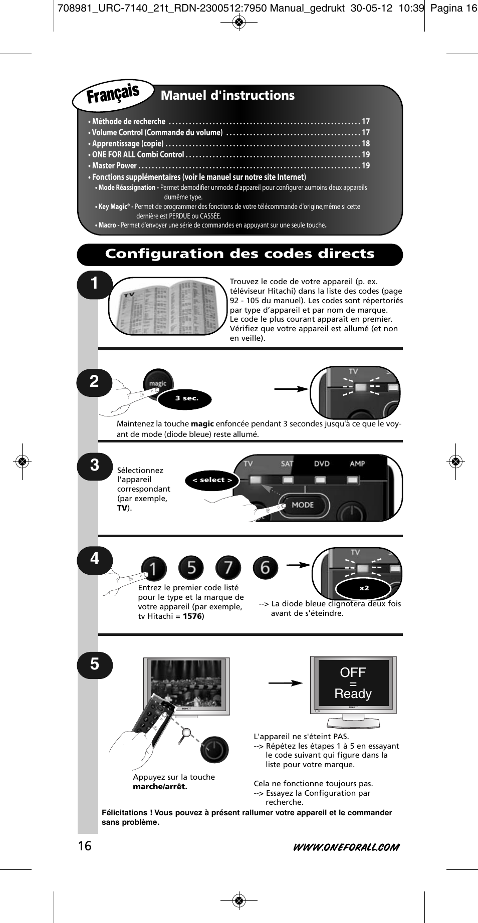 Français, Manuel d'instructions, Off = ready | Configuration des codes directs | One for All URC 7140 Essence 4 User Manual | Page 17 / 218