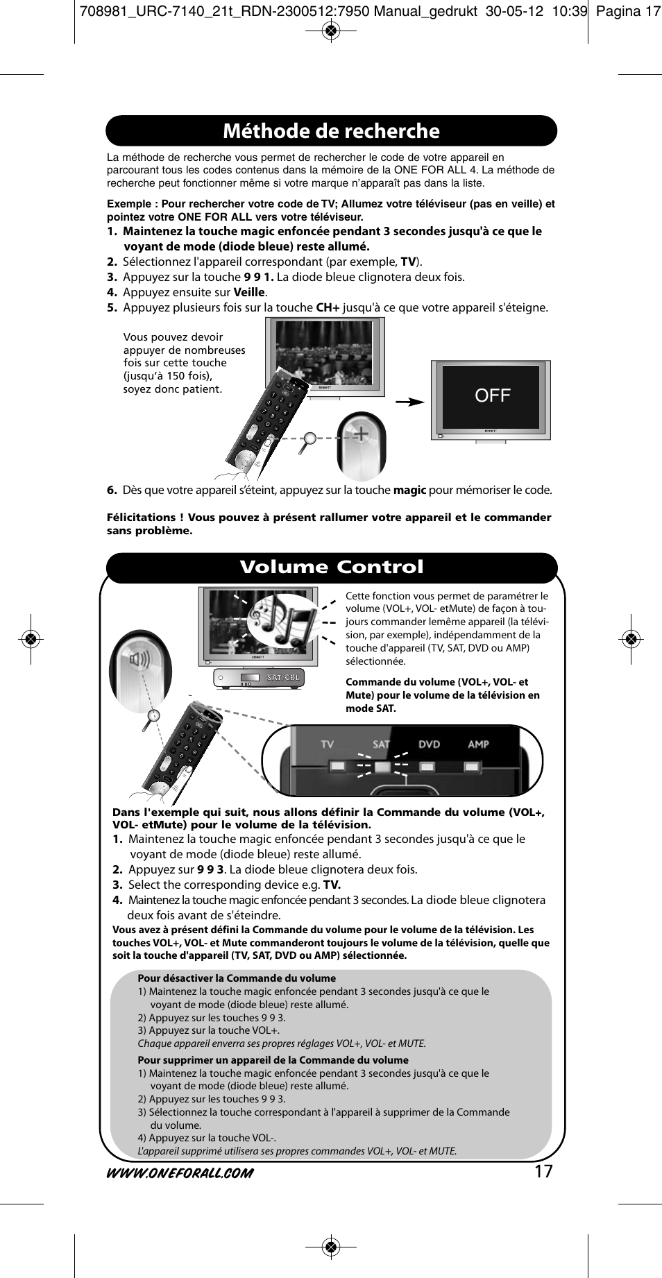 Méthode de recherche, Volume control | One for All URC 7140 Essence 4 User Manual | Page 18 / 218