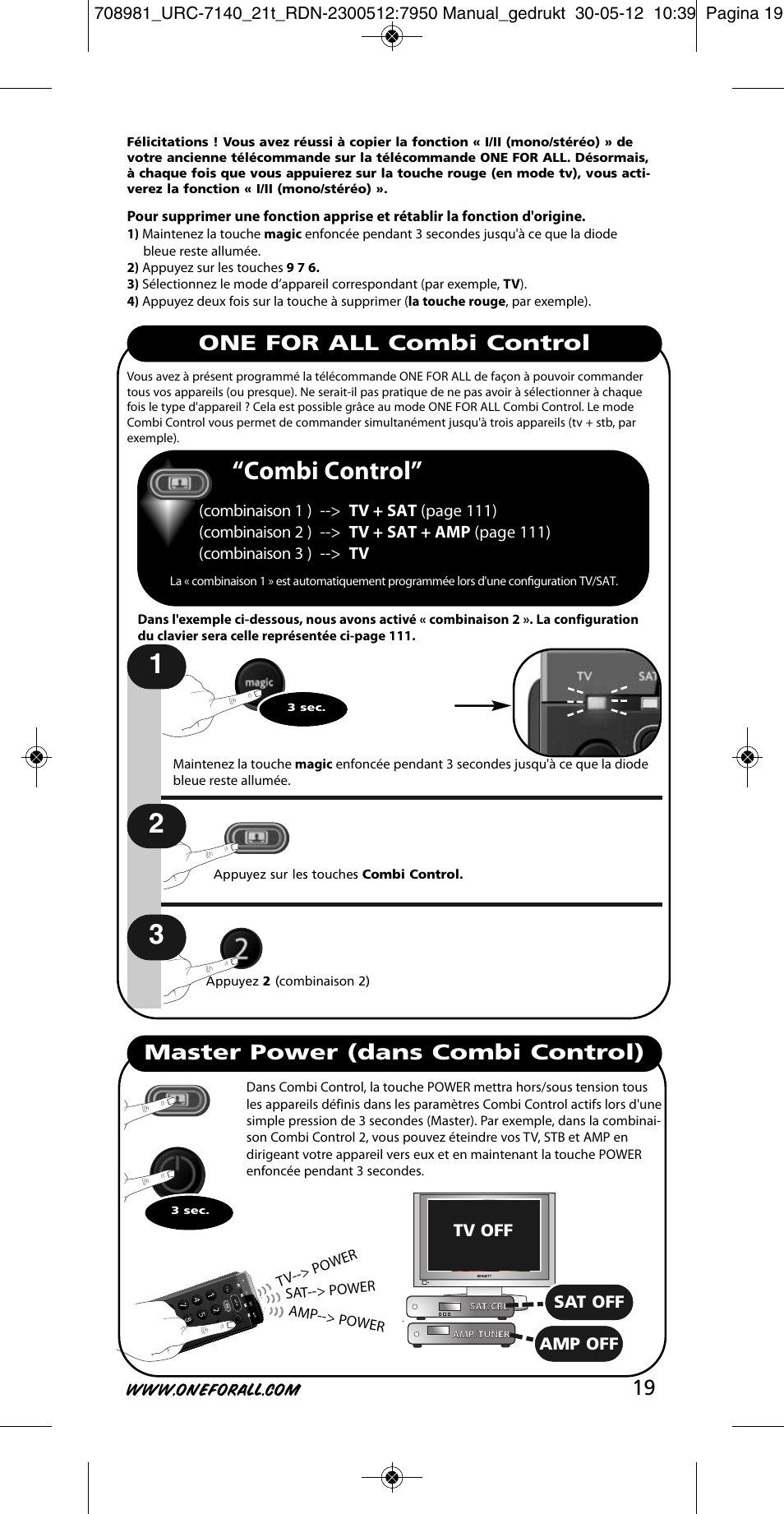 Combi control, One for all combi control, Master power (dans combi control) | One for All URC 7140 Essence 4 User Manual | Page 20 / 218