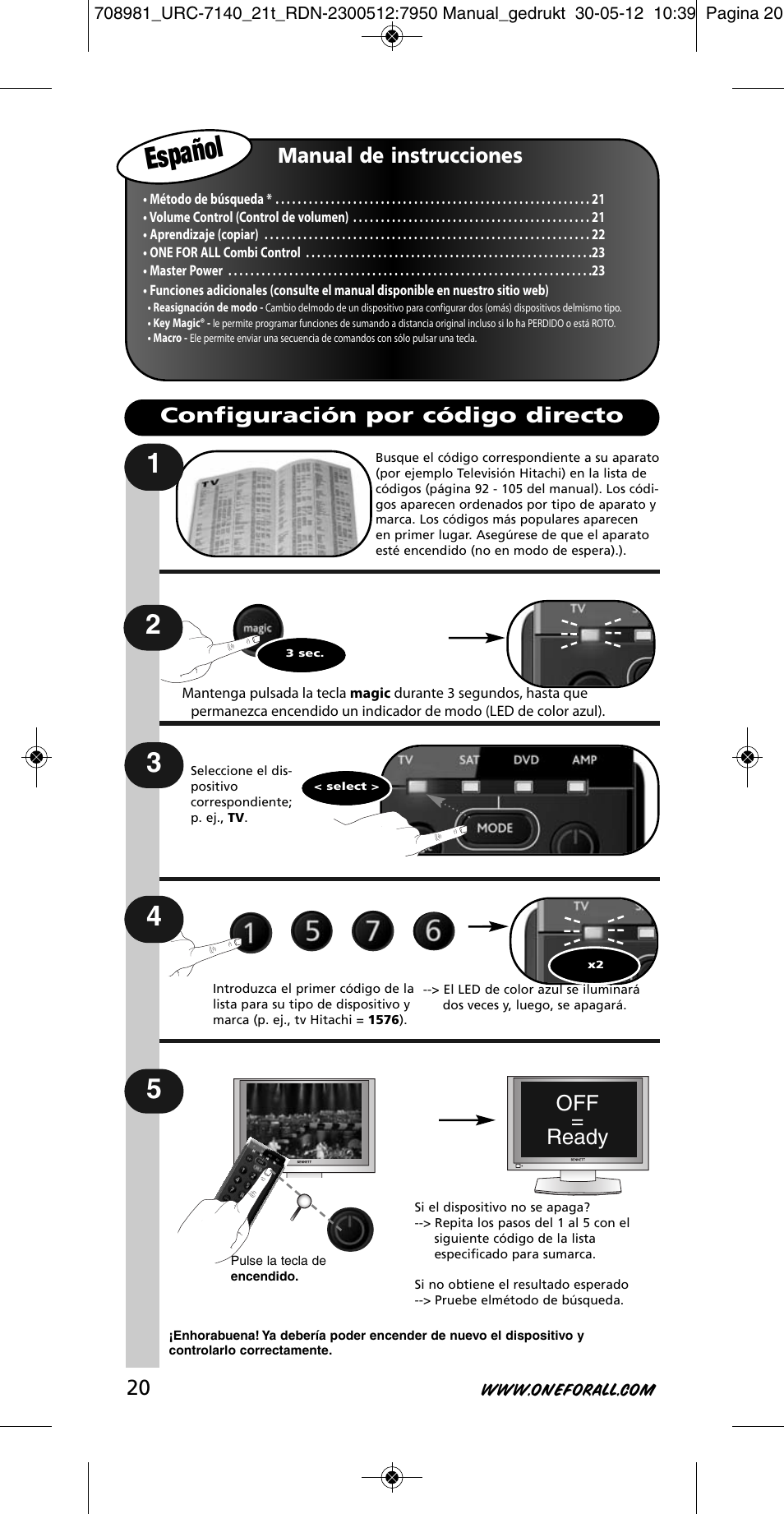 Español, Manual de instrucciones, Off = ready | Configuración por código directo | One for All URC 7140 Essence 4 User Manual | Page 21 / 218