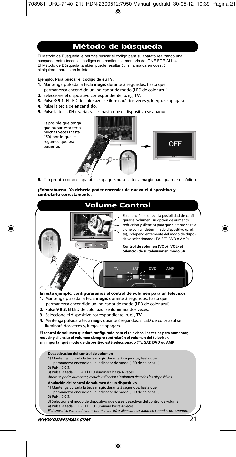 Método de búsqueda volume control | One for All URC 7140 Essence 4 User Manual | Page 22 / 218