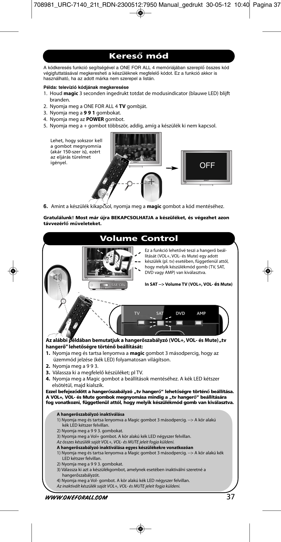 Kereső mód volume control | One for All URC 7140 Essence 4 User Manual | Page 38 / 218