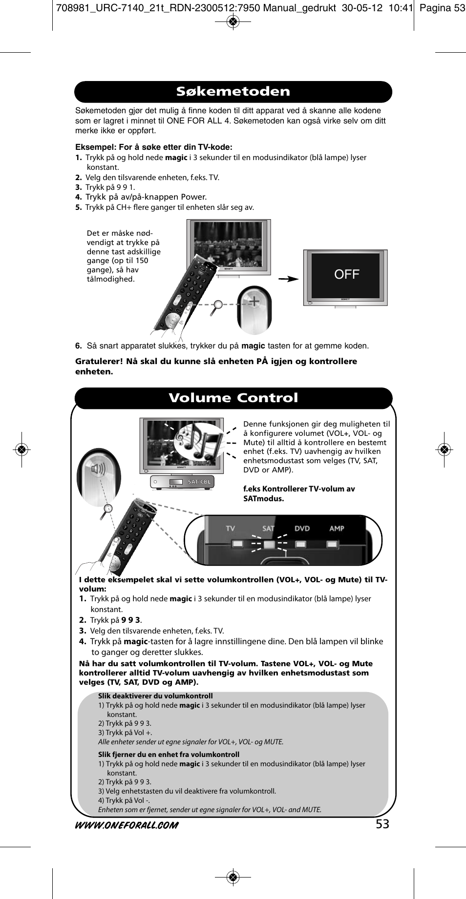 Søkemetoden volume control | One for All URC 7140 Essence 4 User Manual | Page 54 / 218