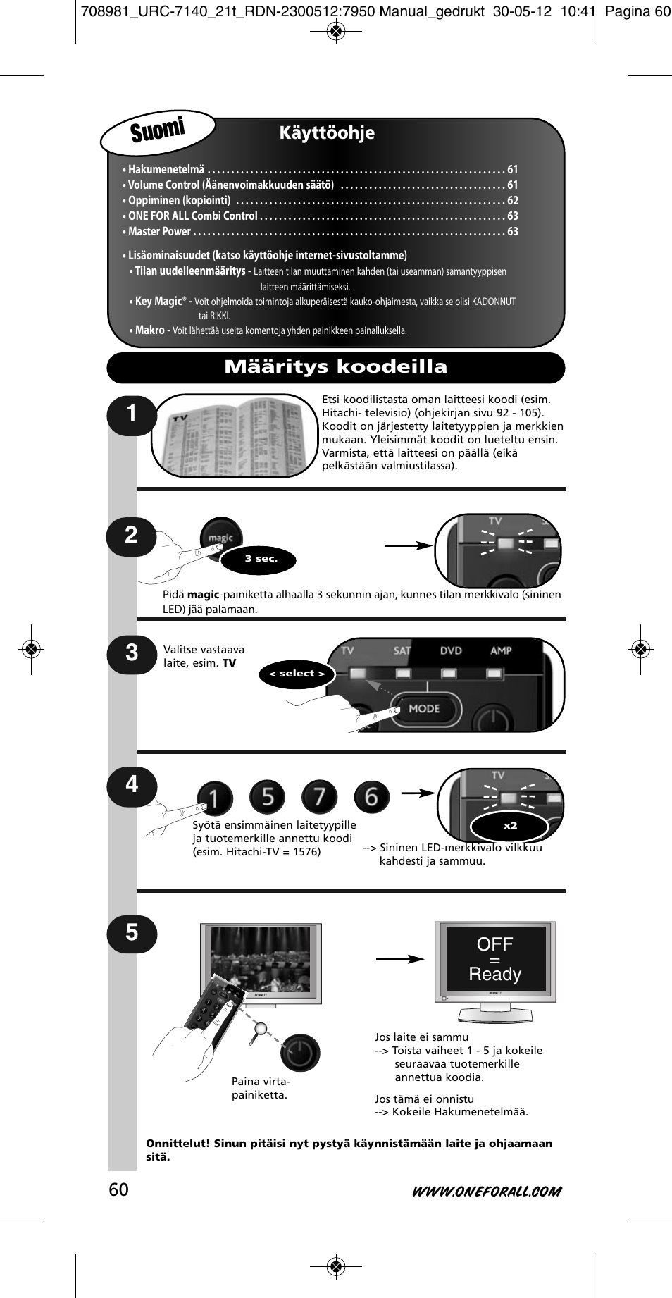 Suomi, Käyttöohje, Off = ready | Määritys koodeilla | One for All URC 7140 Essence 4 User Manual | Page 61 / 218