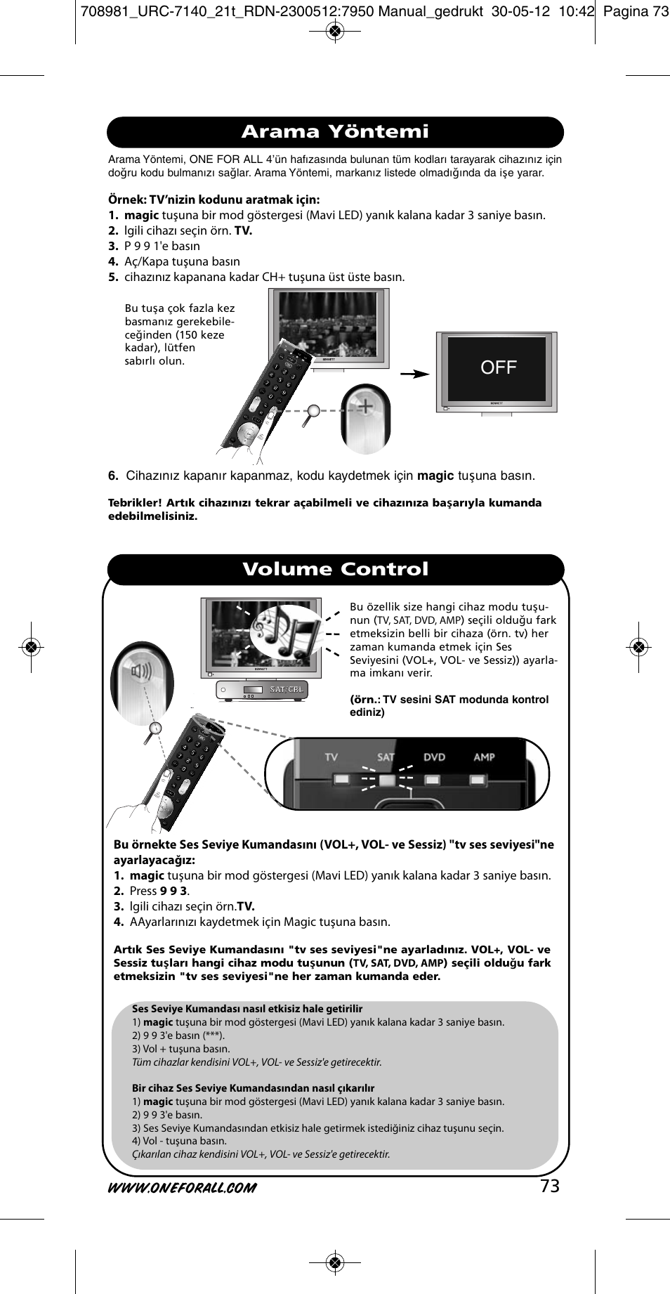 Arama yöntemi volume control | One for All URC 7140 Essence 4 User Manual | Page 74 / 218