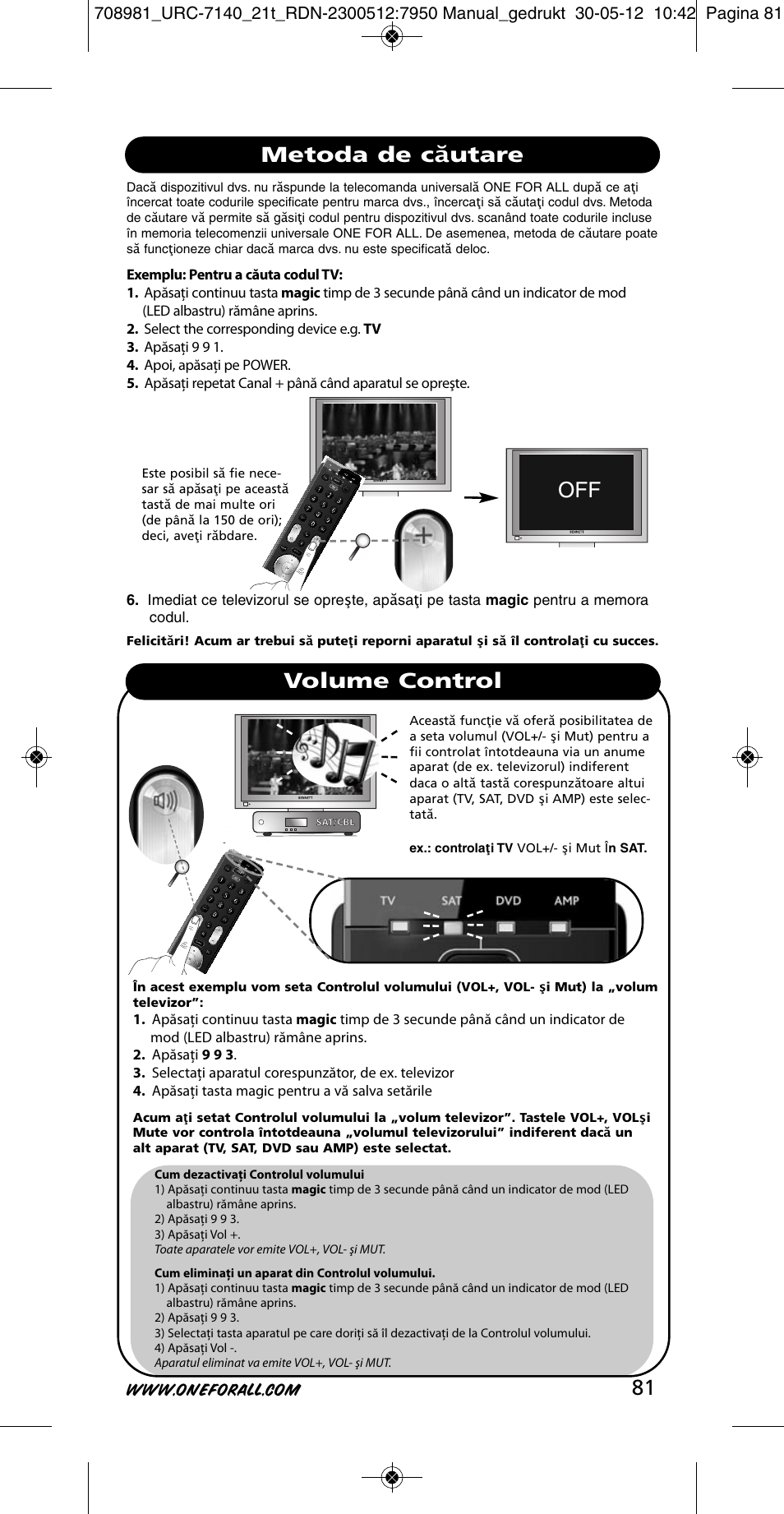 Metoda de căutare volume control | One for All URC 7140 Essence 4 User Manual | Page 82 / 218