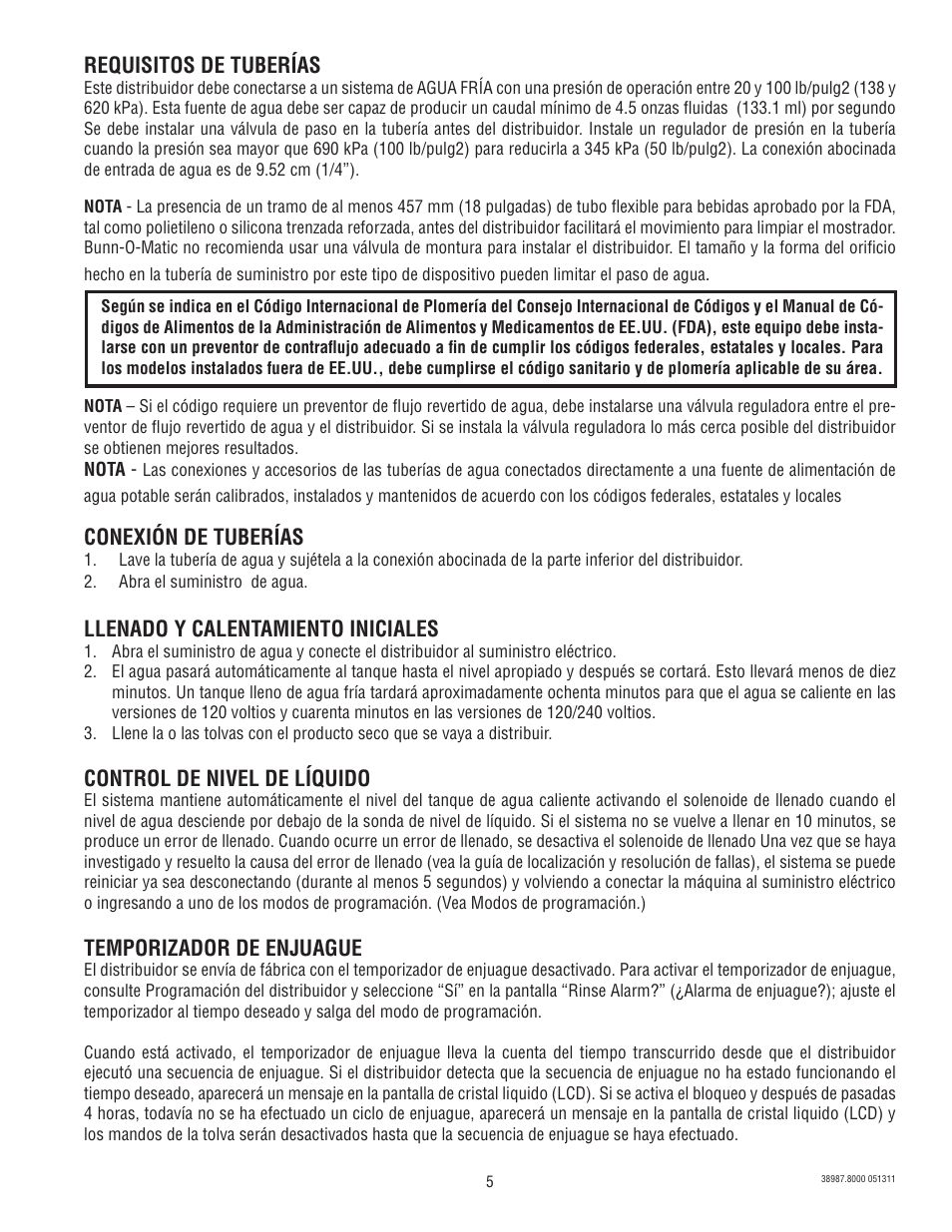 Requisitos de tuberías, Conexión de tuberías, Llenado y calentamiento iniciales | Control de nivel de líquido, Temporizador de enjuague | Bunn IMIX 5S+A User Manual | Page 5 / 13