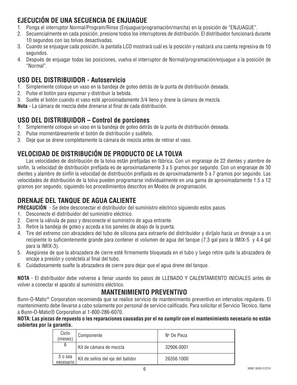 Ejecución de una secuencia de enjuague, Uso del distribuidor - autoservicio, Uso del distribuidor – control de porciones | Velocidad de distribución de producto de la tolva, Drenaje del tanque de agua caliente, Mantenimiento preventivo | Bunn IMIX 5S+A User Manual | Page 6 / 13