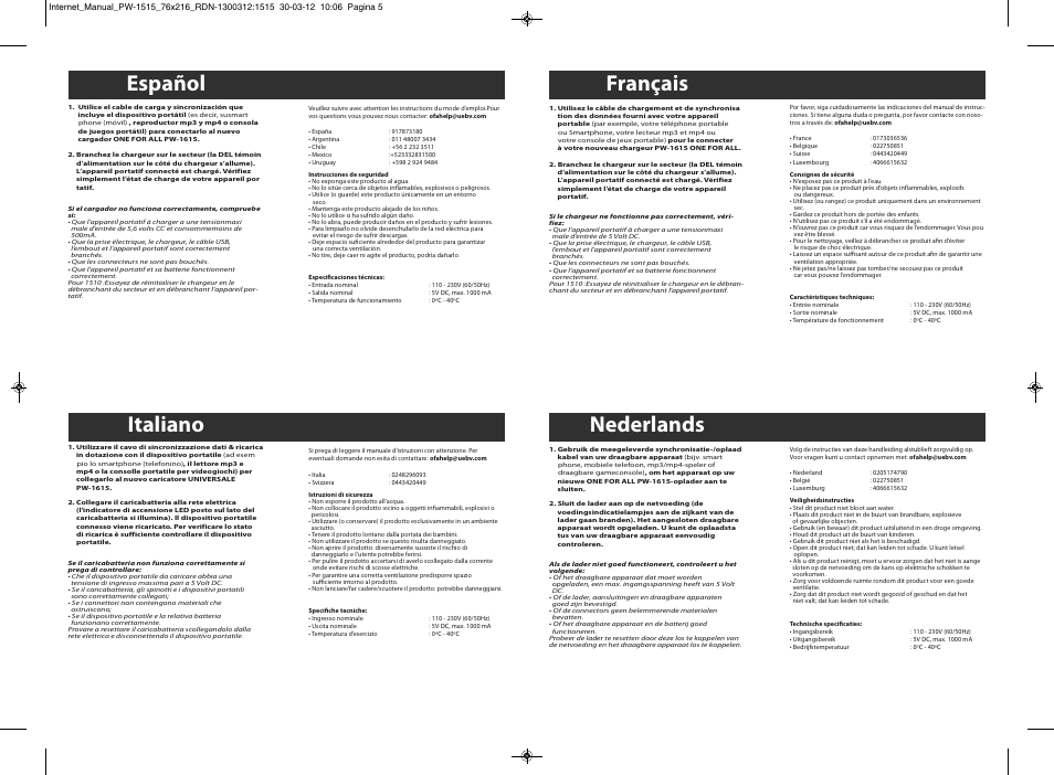 Italiano, Nederlands, Español | Français | One for All PW 1520 Universal compact charger User Manual | Page 2 / 8