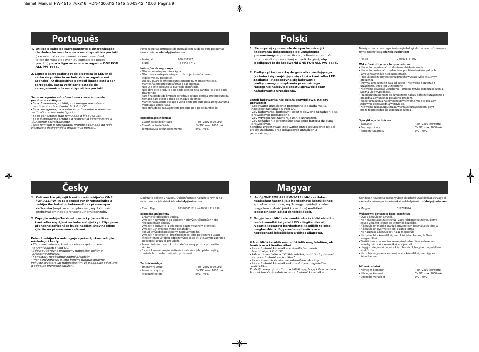 Português, Polski, Česky | Magyar | One for All PW 1520 Universal compact charger User Manual | Page 3 / 8
