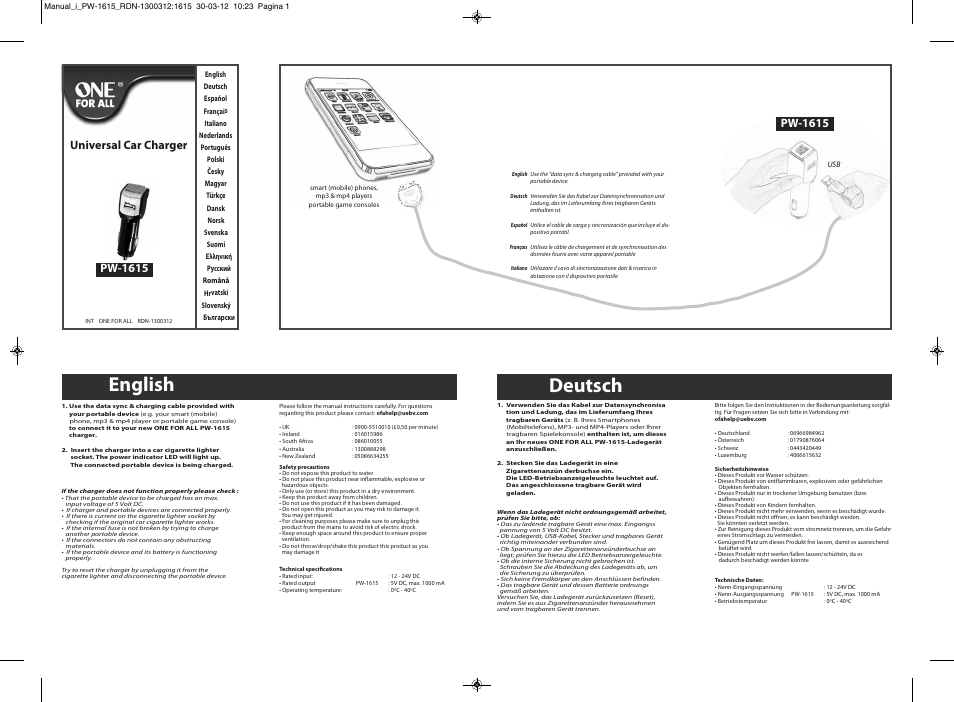 One for All PW 1615 USB car charger User Manual | 8 pages