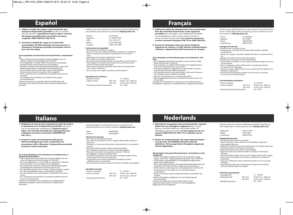 Italiano, Nederlands, Español | Français | One for All PW 1615 USB car charger User Manual | Page 2 / 8