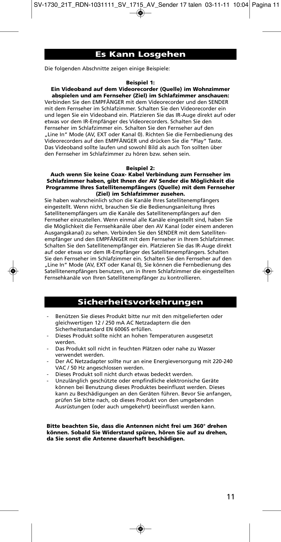 Sicherheitsvorkehrungen, Es kann losgehen | One for All SV 1730 Wireless 5.8 Ghz TV Sender User Manual | Page 10 / 111