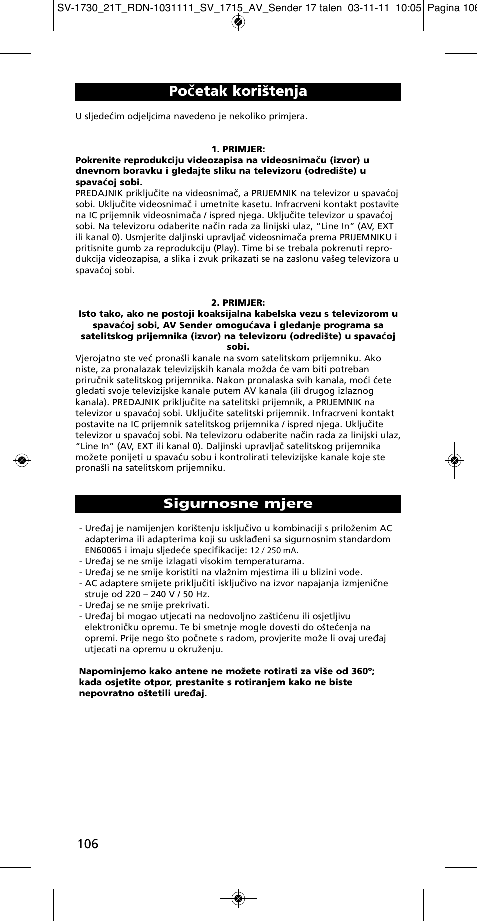 Početak korištenja, Sigurnosne mjere | One for All SV 1730 Wireless 5.8 Ghz TV Sender User Manual | Page 105 / 111