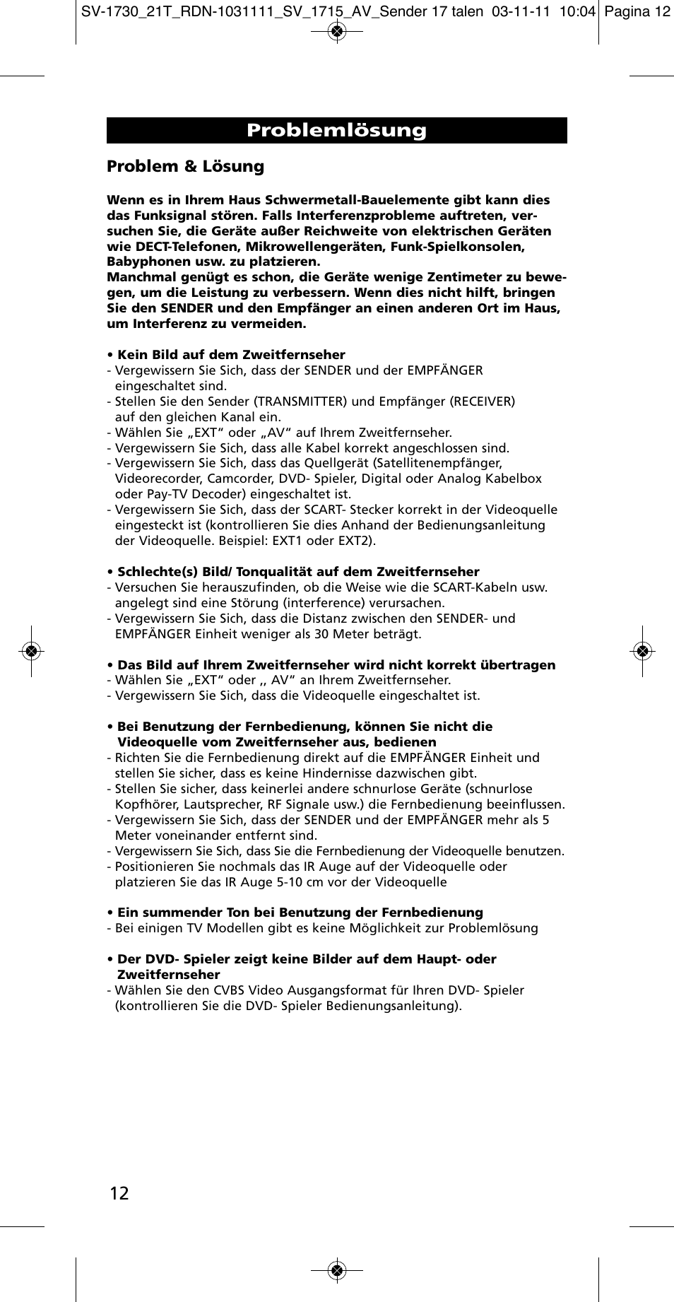 Problemlösung, Problem & lösung | One for All SV 1730 Wireless 5.8 Ghz TV Sender User Manual | Page 11 / 111