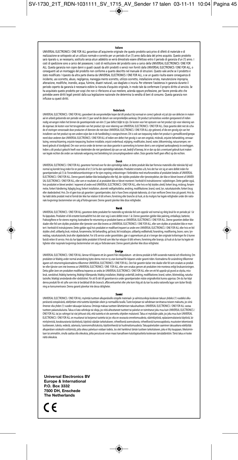 One for All SV 1730 Wireless 5.8 Ghz TV Sender User Manual | Page 110 / 111