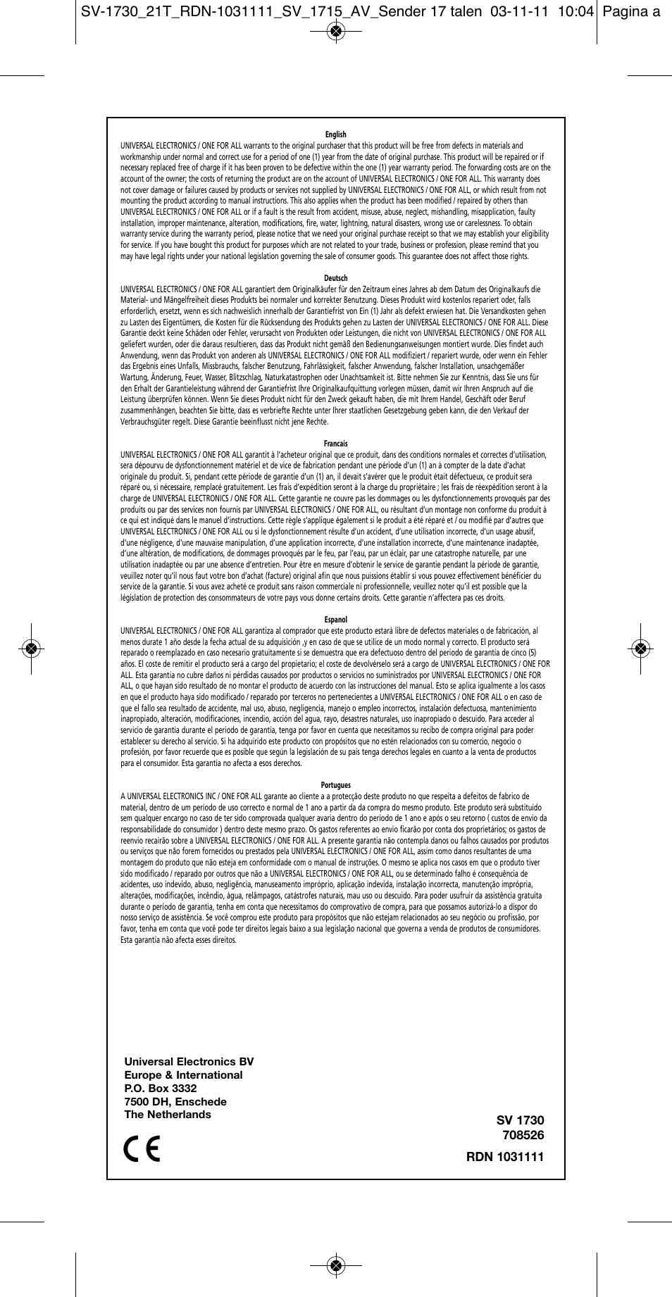 One for All SV 1730 Wireless 5.8 Ghz TV Sender User Manual | Page 111 / 111