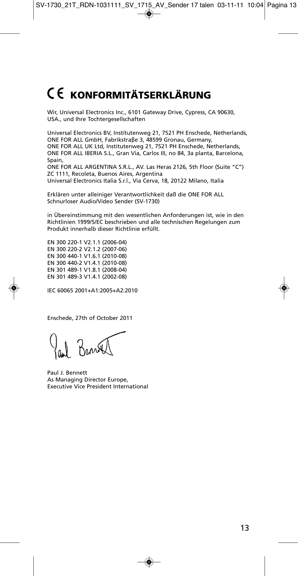 Konformitätserklärung | One for All SV 1730 Wireless 5.8 Ghz TV Sender User Manual | Page 12 / 111