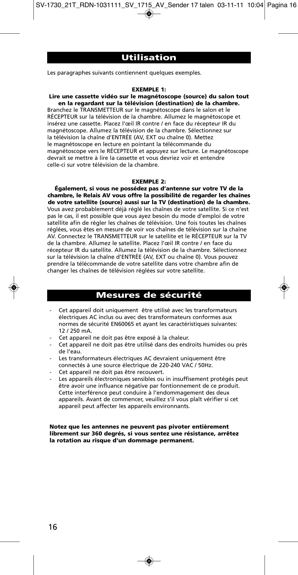 Mesures de sécurité, Utilisation | One for All SV 1730 Wireless 5.8 Ghz TV Sender User Manual | Page 15 / 111