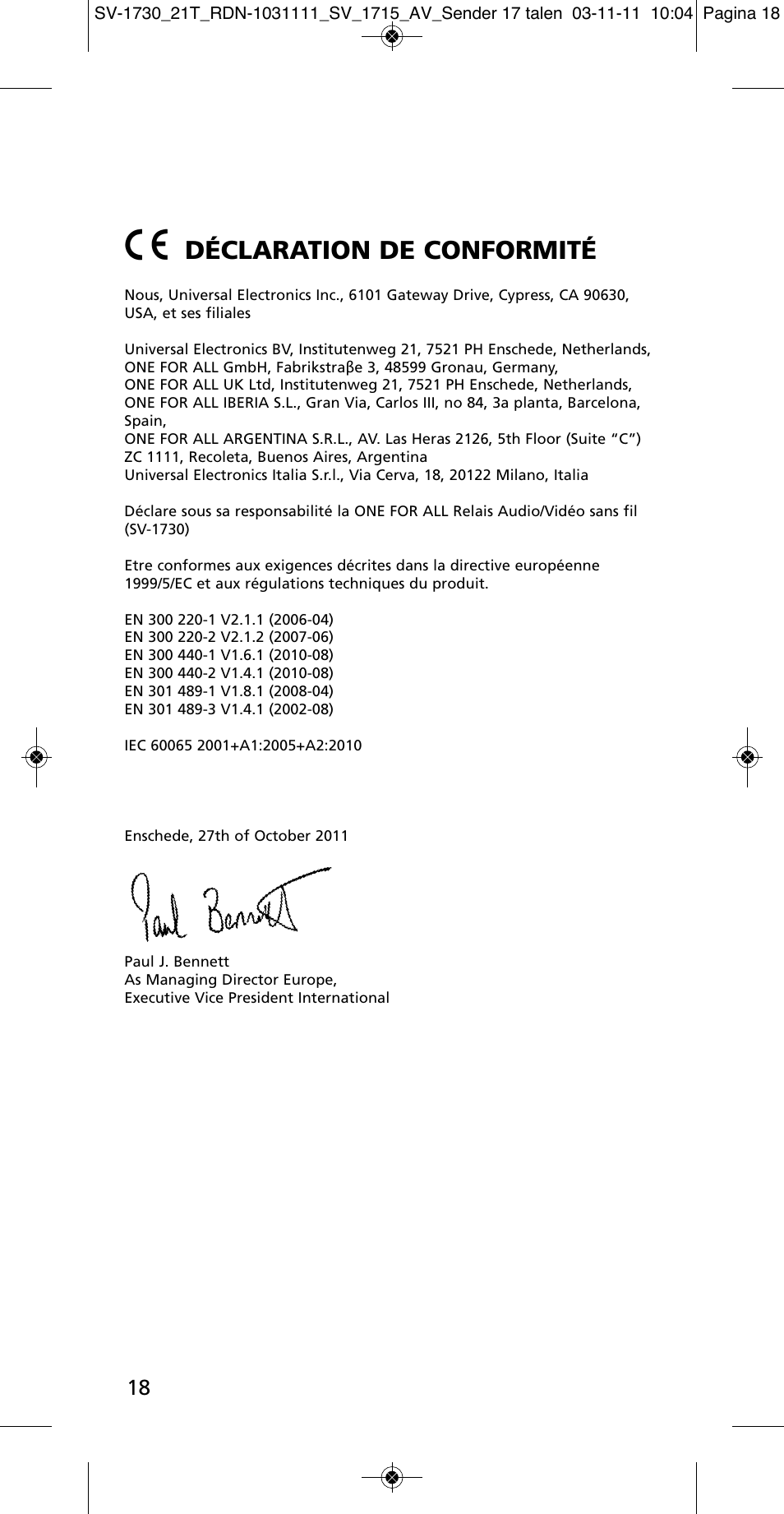 Déclaration de conformité | One for All SV 1730 Wireless 5.8 Ghz TV Sender User Manual | Page 17 / 111