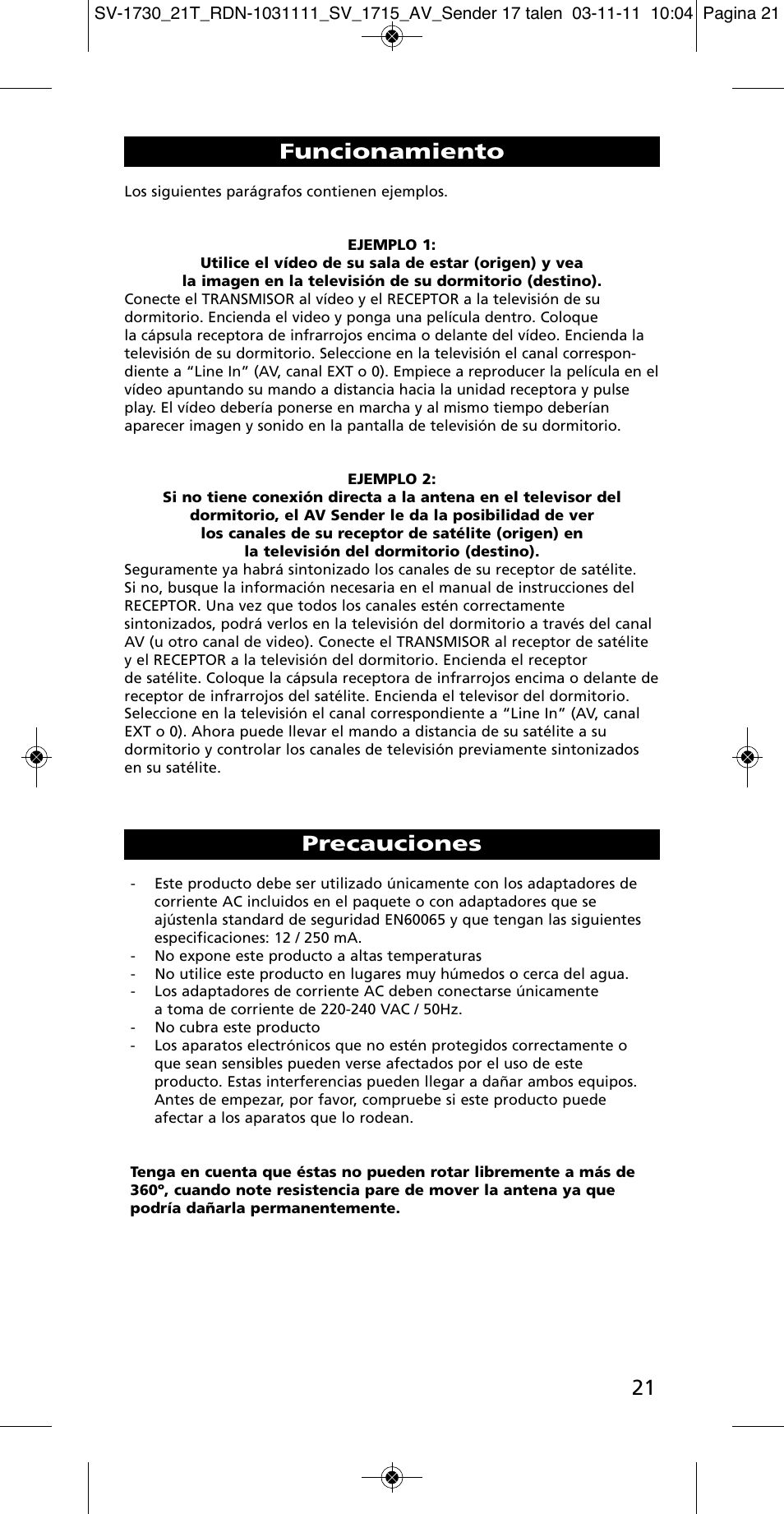 Funcionamiento, Precauciones | One for All SV 1730 Wireless 5.8 Ghz TV Sender User Manual | Page 20 / 111