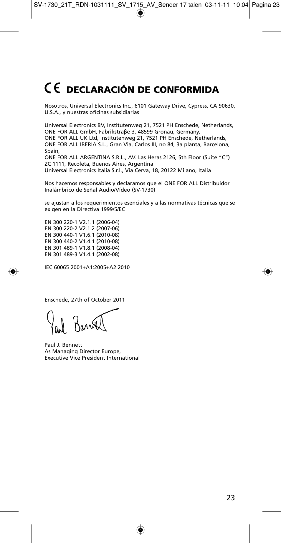 Declaración de conformida | One for All SV 1730 Wireless 5.8 Ghz TV Sender User Manual | Page 22 / 111